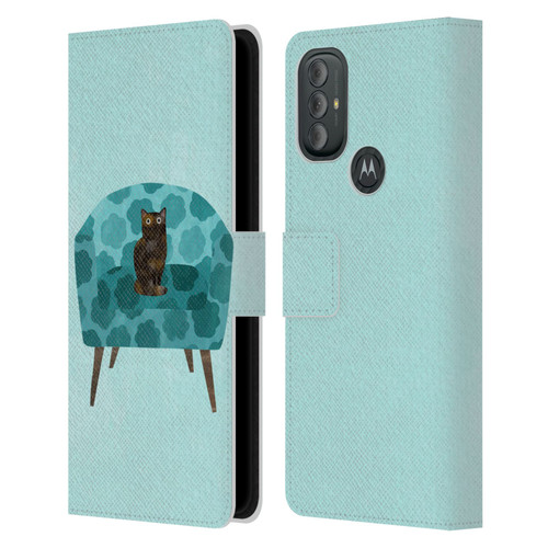 Planet Cat Arm Chair Teal Chair Cat Leather Book Wallet Case Cover For Motorola Moto G10 / Moto G20 / Moto G30