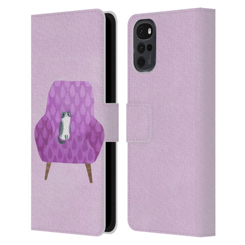 Planet Cat Arm Chair Lilac Chair Cat Leather Book Wallet Case Cover For Motorola Moto G22