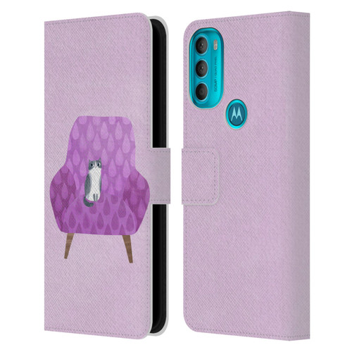 Planet Cat Arm Chair Lilac Chair Cat Leather Book Wallet Case Cover For Motorola Moto G71 5G