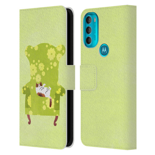 Planet Cat Arm Chair Lime Chair Cat Leather Book Wallet Case Cover For Motorola Moto G71 5G