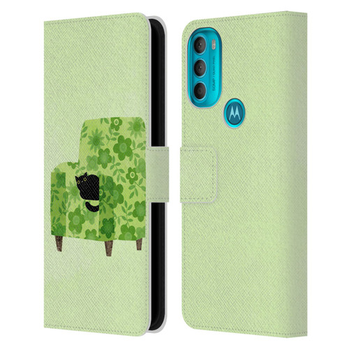 Planet Cat Arm Chair Pear Green Chair Cat Leather Book Wallet Case Cover For Motorola Moto G71 5G