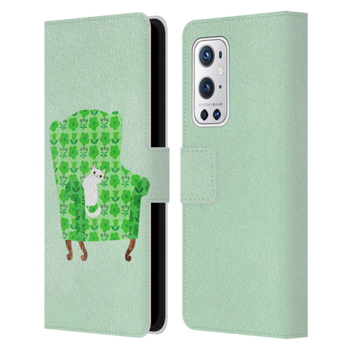 Planet Cat Arm Chair Spring Green Chair Cat Leather Book Wallet Case Cover For OnePlus 9 Pro