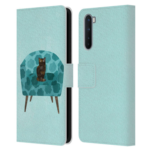 Planet Cat Arm Chair Teal Chair Cat Leather Book Wallet Case Cover For OnePlus Nord 5G