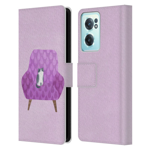 Planet Cat Arm Chair Lilac Chair Cat Leather Book Wallet Case Cover For OnePlus Nord CE 2 5G