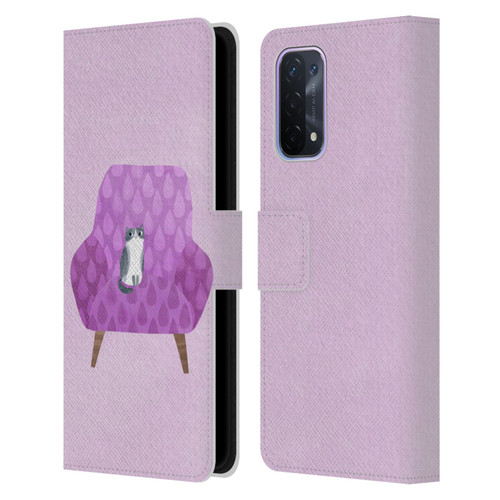 Planet Cat Arm Chair Lilac Chair Cat Leather Book Wallet Case Cover For OPPO A54 5G