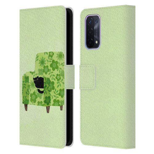 Planet Cat Arm Chair Pear Green Chair Cat Leather Book Wallet Case Cover For OPPO A54 5G