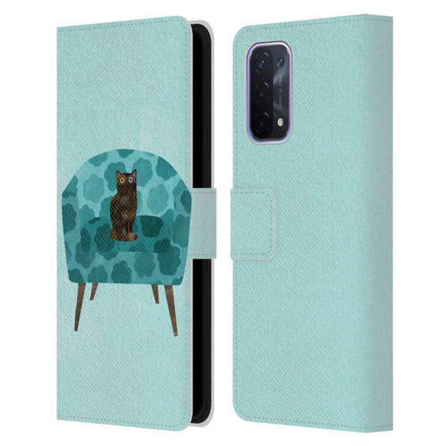 Planet Cat Arm Chair Teal Chair Cat Leather Book Wallet Case Cover For OPPO A54 5G
