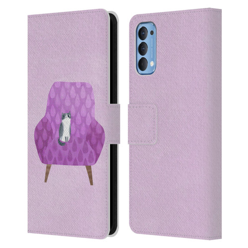 Planet Cat Arm Chair Lilac Chair Cat Leather Book Wallet Case Cover For OPPO Reno 4 5G