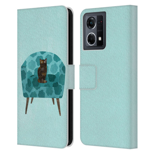 Planet Cat Arm Chair Teal Chair Cat Leather Book Wallet Case Cover For OPPO Reno8 4G