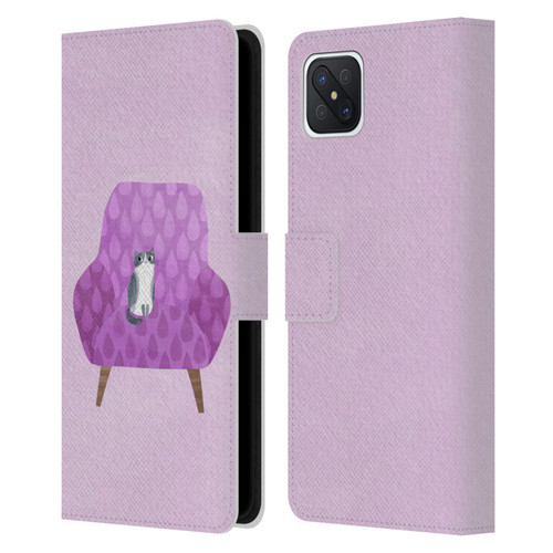 Planet Cat Arm Chair Lilac Chair Cat Leather Book Wallet Case Cover For OPPO Reno4 Z 5G