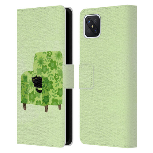 Planet Cat Arm Chair Pear Green Chair Cat Leather Book Wallet Case Cover For OPPO Reno4 Z 5G