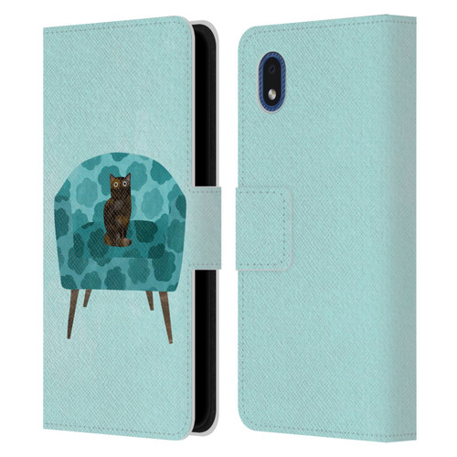 Planet Cat Arm Chair Teal Chair Cat Leather Book Wallet Case Cover For Samsung Galaxy A01 Core (2020)