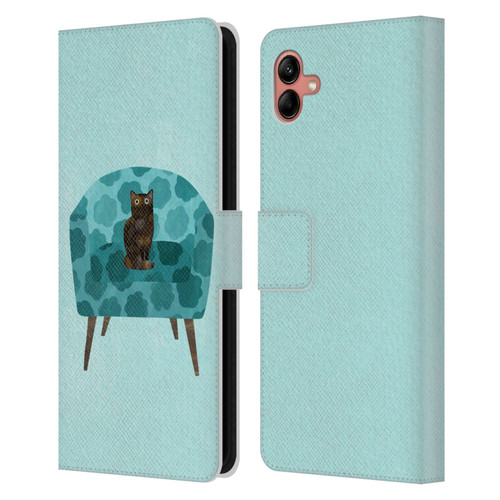 Planet Cat Arm Chair Teal Chair Cat Leather Book Wallet Case Cover For Samsung Galaxy A04 (2022)