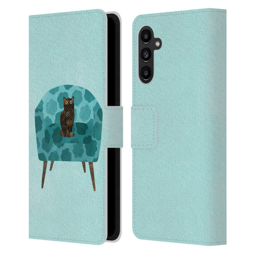 Planet Cat Arm Chair Teal Chair Cat Leather Book Wallet Case Cover For Samsung Galaxy A13 5G (2021)