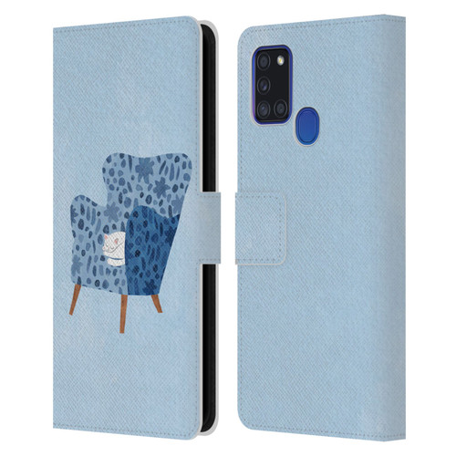 Planet Cat Arm Chair Cornflower Chair Cat Leather Book Wallet Case Cover For Samsung Galaxy A21s (2020)