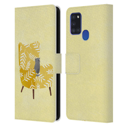 Planet Cat Arm Chair Mustard Chair Cat Leather Book Wallet Case Cover For Samsung Galaxy A21s (2020)