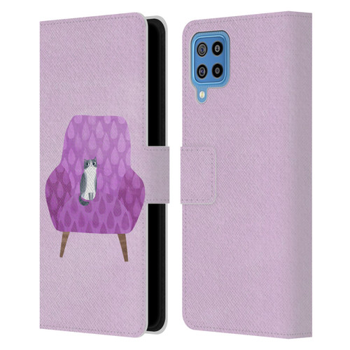 Planet Cat Arm Chair Lilac Chair Cat Leather Book Wallet Case Cover For Samsung Galaxy F22 (2021)