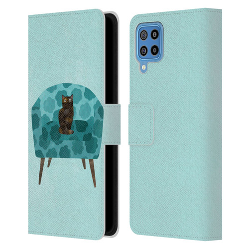 Planet Cat Arm Chair Teal Chair Cat Leather Book Wallet Case Cover For Samsung Galaxy F22 (2021)