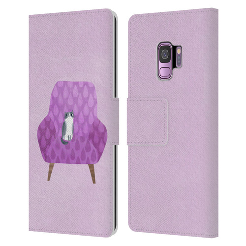 Planet Cat Arm Chair Lilac Chair Cat Leather Book Wallet Case Cover For Samsung Galaxy S9