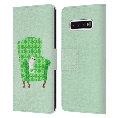 Planet Cat Arm Chair Spring Green Chair Cat Leather Book Wallet Case Cover For Samsung Galaxy S10