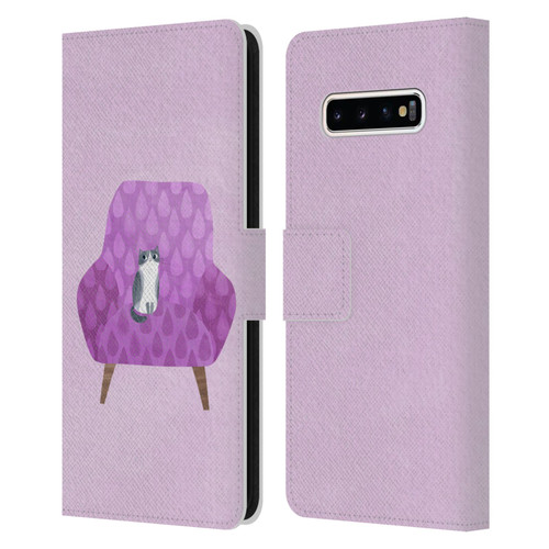 Planet Cat Arm Chair Lilac Chair Cat Leather Book Wallet Case Cover For Samsung Galaxy S10+ / S10 Plus