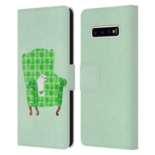 Planet Cat Arm Chair Spring Green Chair Cat Leather Book Wallet Case Cover For Samsung Galaxy S10+ / S10 Plus