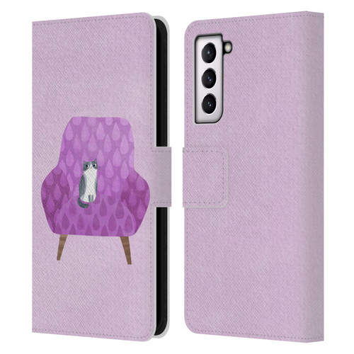 Planet Cat Arm Chair Lilac Chair Cat Leather Book Wallet Case Cover For Samsung Galaxy S21 5G
