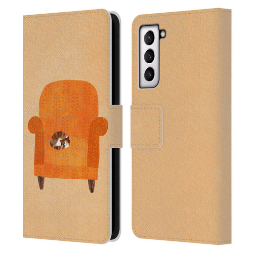 Planet Cat Arm Chair Orange Chair Cat Leather Book Wallet Case Cover For Samsung Galaxy S21 5G