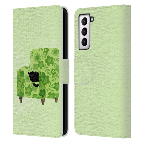Planet Cat Arm Chair Pear Green Chair Cat Leather Book Wallet Case Cover For Samsung Galaxy S21 5G