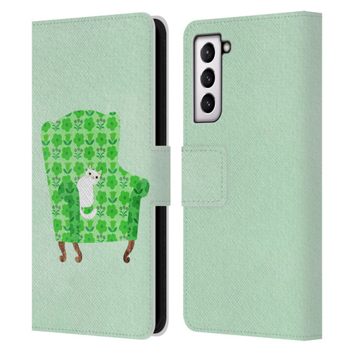 Planet Cat Arm Chair Spring Green Chair Cat Leather Book Wallet Case Cover For Samsung Galaxy S21 5G