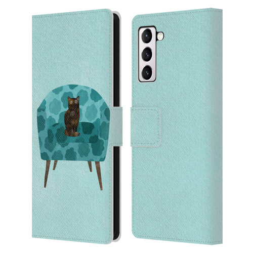 Planet Cat Arm Chair Teal Chair Cat Leather Book Wallet Case Cover For Samsung Galaxy S21+ 5G