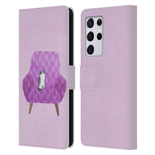 Planet Cat Arm Chair Lilac Chair Cat Leather Book Wallet Case Cover For Samsung Galaxy S21 Ultra 5G