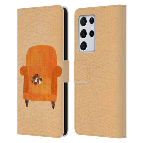 Planet Cat Arm Chair Orange Chair Cat Leather Book Wallet Case Cover For Samsung Galaxy S21 Ultra 5G