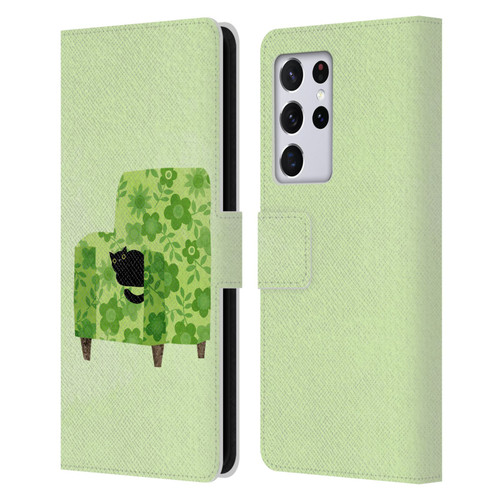 Planet Cat Arm Chair Pear Green Chair Cat Leather Book Wallet Case Cover For Samsung Galaxy S21 Ultra 5G