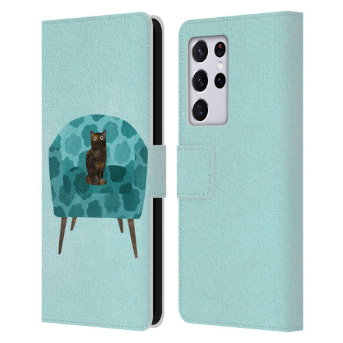 Planet Cat Arm Chair Teal Chair Cat Leather Book Wallet Case Cover For Samsung Galaxy S21 Ultra 5G