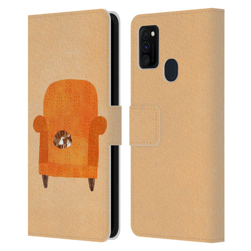 Planet Cat Arm Chair Orange Chair Cat Leather Book Wallet Case Cover For Samsung Galaxy M30s (2019)/M21 (2020)