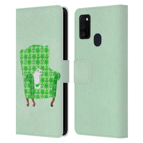 Planet Cat Arm Chair Spring Green Chair Cat Leather Book Wallet Case Cover For Samsung Galaxy M30s (2019)/M21 (2020)