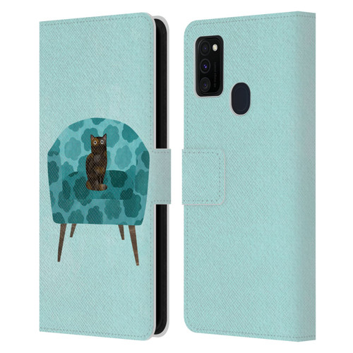 Planet Cat Arm Chair Teal Chair Cat Leather Book Wallet Case Cover For Samsung Galaxy M30s (2019)/M21 (2020)