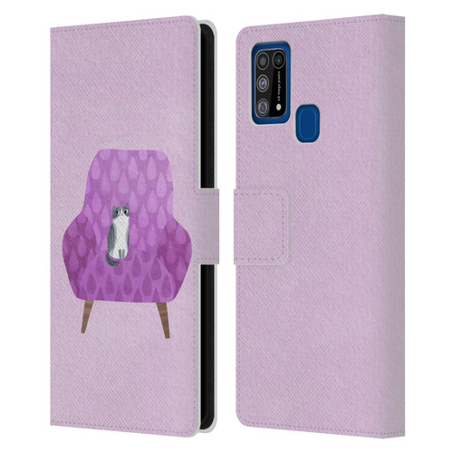 Planet Cat Arm Chair Lilac Chair Cat Leather Book Wallet Case Cover For Samsung Galaxy M31 (2020)