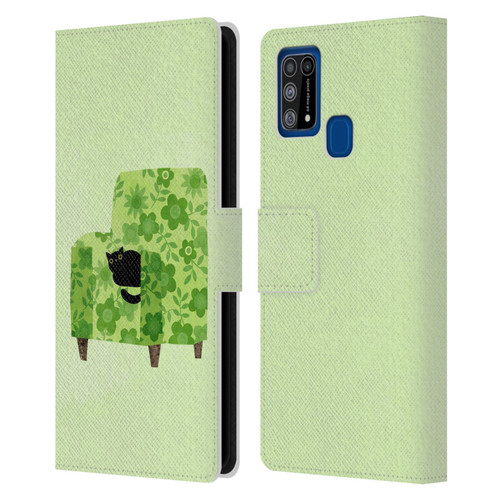 Planet Cat Arm Chair Pear Green Chair Cat Leather Book Wallet Case Cover For Samsung Galaxy M31 (2020)