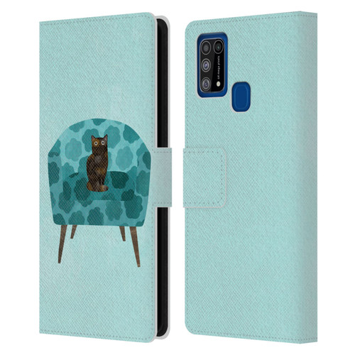 Planet Cat Arm Chair Teal Chair Cat Leather Book Wallet Case Cover For Samsung Galaxy M31 (2020)