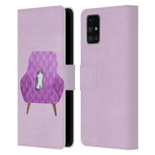 Planet Cat Arm Chair Lilac Chair Cat Leather Book Wallet Case Cover For Samsung Galaxy M31s (2020)