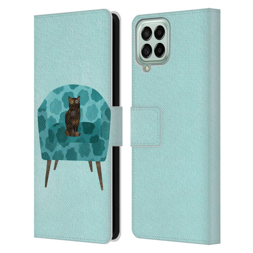 Planet Cat Arm Chair Teal Chair Cat Leather Book Wallet Case Cover For Samsung Galaxy M33 (2022)