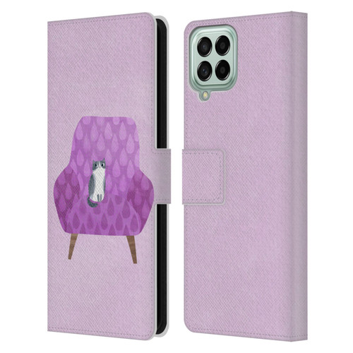 Planet Cat Arm Chair Lilac Chair Cat Leather Book Wallet Case Cover For Samsung Galaxy M53 (2022)