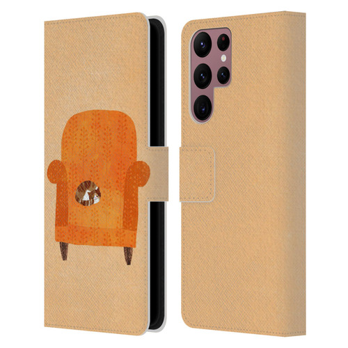 Planet Cat Arm Chair Orange Chair Cat Leather Book Wallet Case Cover For Samsung Galaxy S22 Ultra 5G