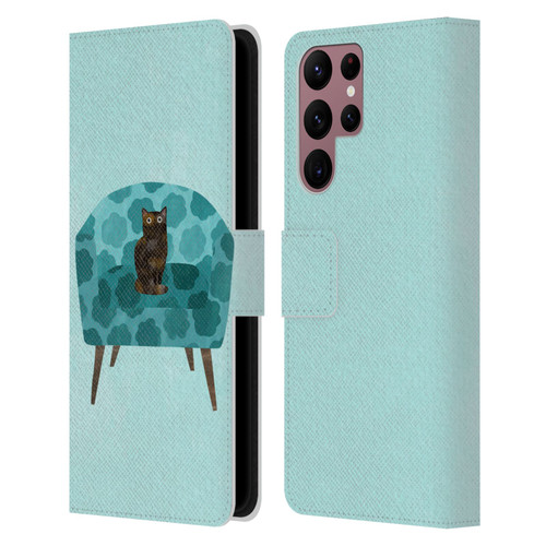 Planet Cat Arm Chair Teal Chair Cat Leather Book Wallet Case Cover For Samsung Galaxy S22 Ultra 5G
