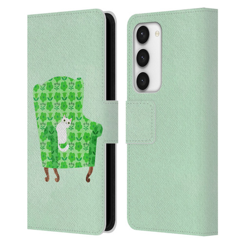 Planet Cat Arm Chair Spring Green Chair Cat Leather Book Wallet Case Cover For Samsung Galaxy S23 5G