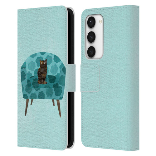 Planet Cat Arm Chair Teal Chair Cat Leather Book Wallet Case Cover For Samsung Galaxy S23 5G