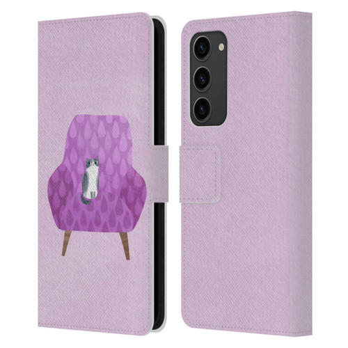 Planet Cat Arm Chair Lilac Chair Cat Leather Book Wallet Case Cover For Samsung Galaxy S23+ 5G