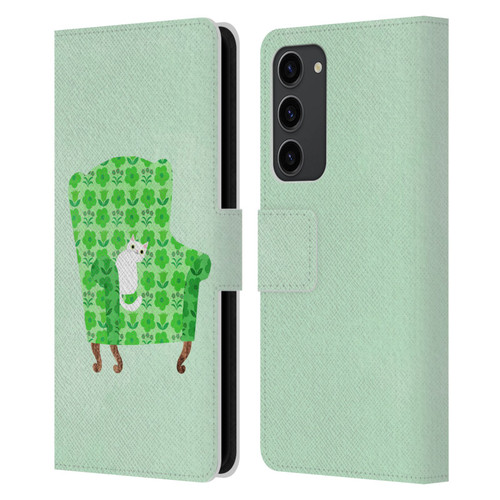 Planet Cat Arm Chair Spring Green Chair Cat Leather Book Wallet Case Cover For Samsung Galaxy S23+ 5G